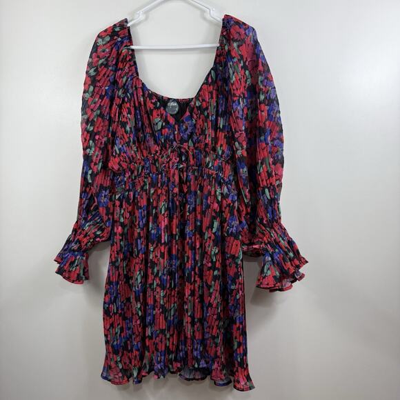 Arula New Black Floral Pleated Mini Dress 1X Long Balloon Sleeve Ruffle Cuffs - Picture 15 of 15